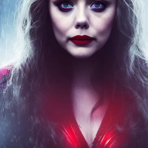 Prompt: Elizabeth Olsen as the Scarlet Witch in emo attire and heavy alt makeup, trending on artstation, gloomy atmosphere, photorealistic facial features, 4k, 8k