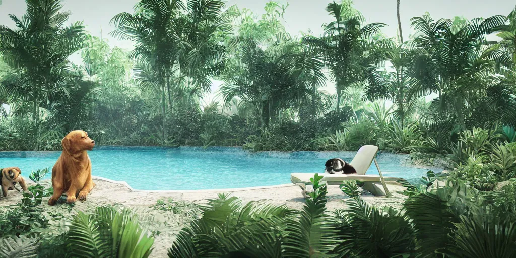 Image similar to swimming pool in the middle of the jungle a cat and a dog playing around , beach chair , octane render