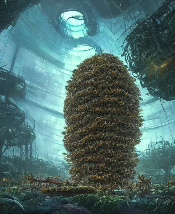 Image similar to a giant weird industrial plant hive made out of isopod wasp octopus, in the style of a strange exotic spaceship, overgrown with disturbing orchids, godbeams, partly cloudy, somber, dramatic lighting, by dan mumford, yusuke murata, makoto shinkai, ross tran, cinematic, unreal engine, cel shaded, featured on artstation, pixiv