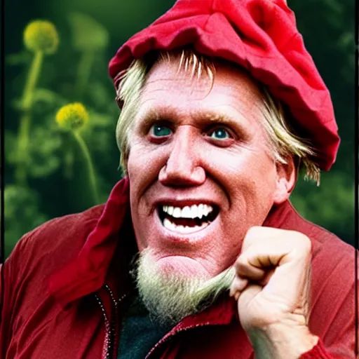 Image similar to gary busey as a garden gnome