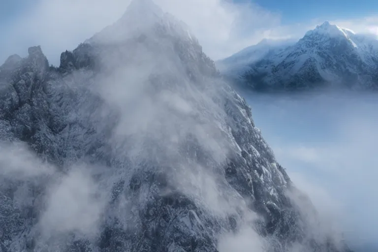 Image similar to taking from above, snowcapped mountain with lots of fog and there was a giant on the top of the mountain. high detail, photorealistic, good lighting, unbelievable.