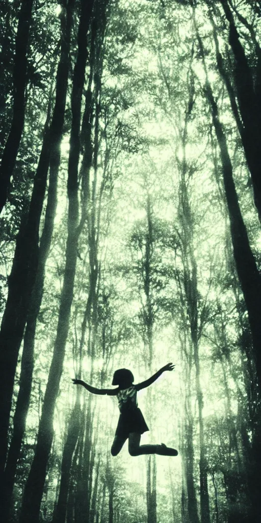 Image similar to old film photo of a young girl floating in the air in a forest, magical dark and spooky, flash photography, young face