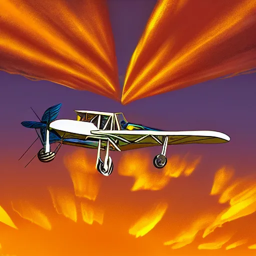 Image similar to a biplane with tons of wings stacked high flying through golden clouds at sunset, symmetrical, 4 k, art station, digital art