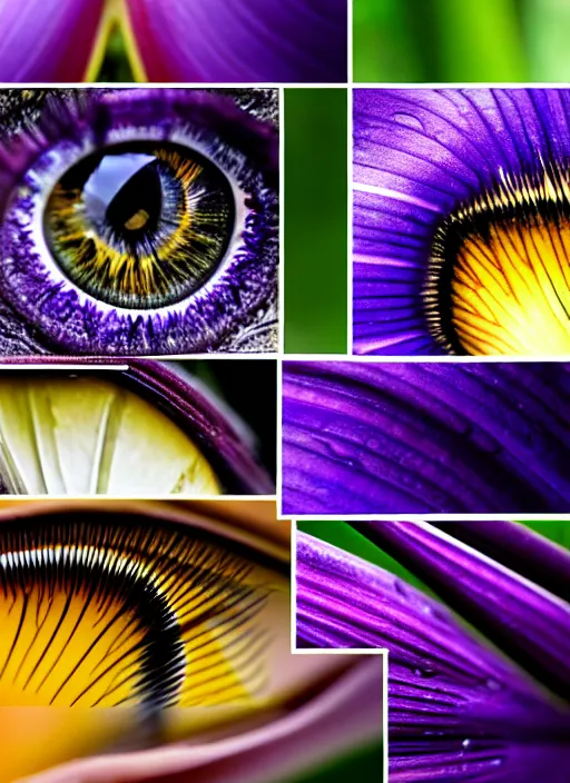 Image similar to montage of thin ringshaped irises, detailed colored textures, eyelashes, advanced art, art styles mix, from wikipedia, wet relections in eyes, sunshine, hd macro photograph, from side, grid o various eye shapes