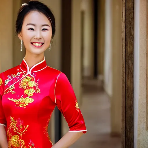 Prompt: beautiful half vietnamese wearing an elegant ao dai, tanned woman, smiling, portrait, photorealistic