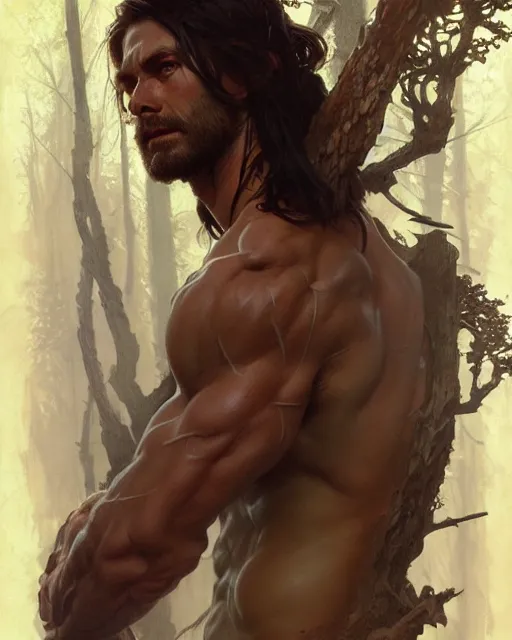 Prompt: god of the forest, 3 0 years old, rugged, male, gorgeous, detailed face, amazing, muscular, intricate, highly detailed, digital painting, artstation, concept art, sharp focus, illustration, art by greg rutkowski and alphonse mucha