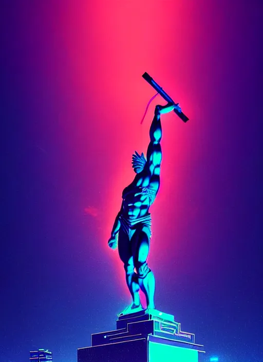 Image similar to statue of hercules, beeple, android jones, liam wong, ( ( ( ( ( dan mumford ) ) ) ) ), vaporwave, retrowave, black background, neon wiring, black, glitch, strong contrast, cuts, pinterest, trending on artstation