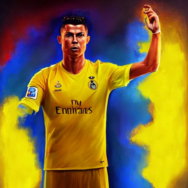 Prompt: full body portrait of ronaldo phenomenon wearing yellow jersey with the number 9 by mandy jurgens, cartoon, oil painting, visionary art, magic symbols, holy halo, neon ambient lighting, high detail, dark vibrant colors