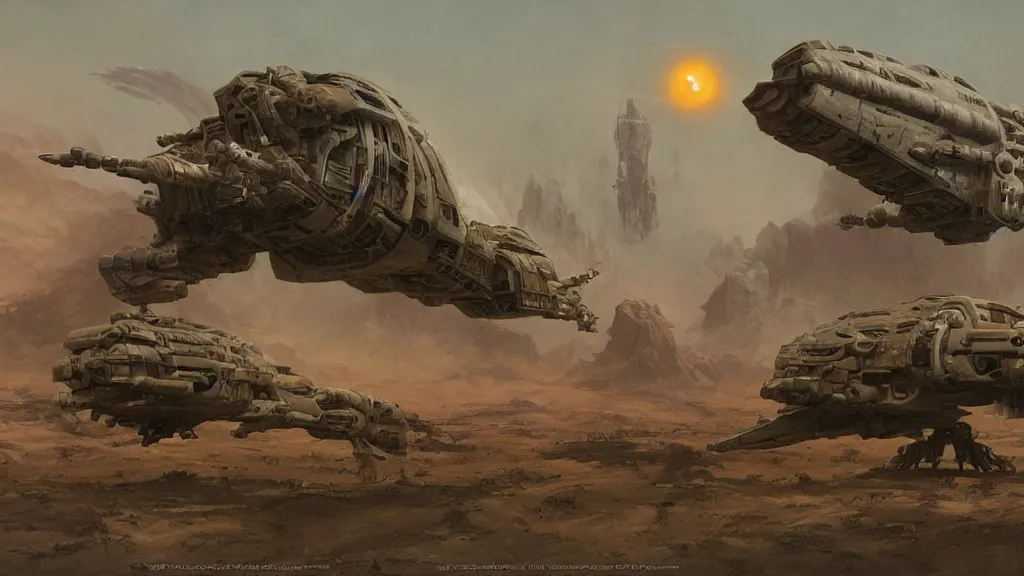 Image similar to small organic dropship lander design by john schoenherr and glenn barr, epic cinematic matte painting