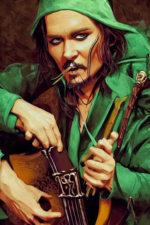 Image similar to Breathtaking comic book style of Johny Depp portrayed as a Dungeons and Dragons bard, playing the lute and wearing a pale green jacket in the style of ilya kuvshinov