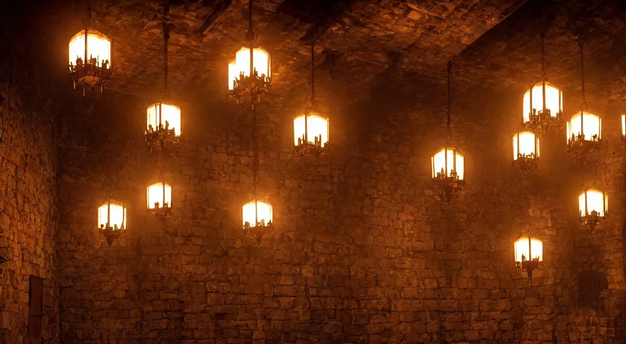 Prompt: long Castle interior wall with iron wrought windows, lanterns hanging from the ceiling in the style of darkest dungeon