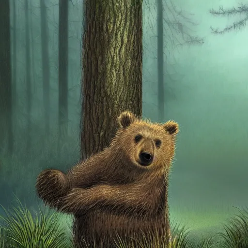 Prompt: a bear sits on a stump, in deep forest, style by Hedgehog in the Fog , by Yuri Norstein art, big details, 4k