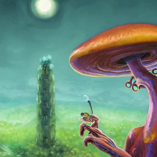 Prompt: A centered chest up portrait of a psychedelic lovecraftian godlike anthropomorphic frog smoking a hand-rolled cigarette smoking heavily , magic mushroom village in background . award winning. superb resolution. in the art style of junji Ito and greg rutkowski . Detailed Mushroom city in background. Hyper realistic anime. Perfect art. Dalle2