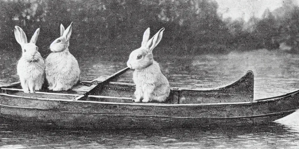 Prompt: a 1 9 1 0 s postcard representing two rabbits in a rowboat