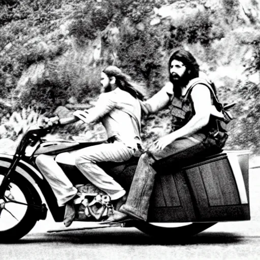 Prompt: a photograph of jesus riding a motorcycle with a rainbow flag on the back and a guy in the sidecar