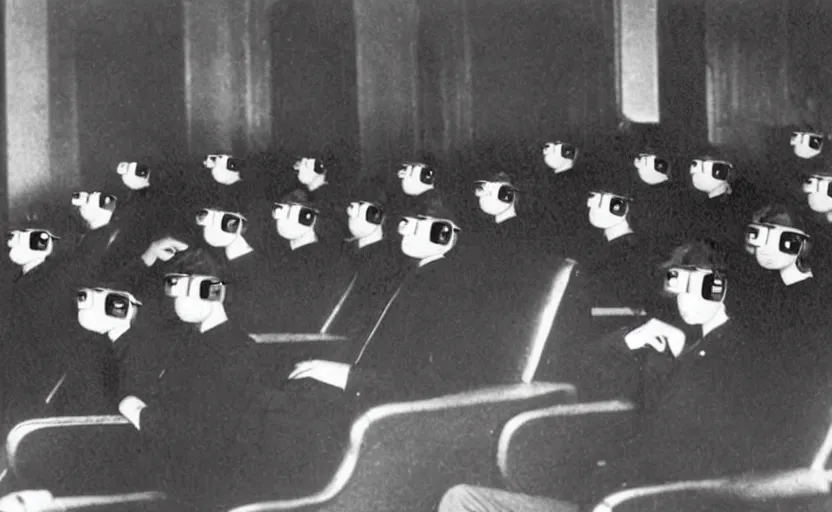 Image similar to 1 9 0 0 s photo of people using iphones ipods virtual reality headsets vr in a movie theater masterpiece