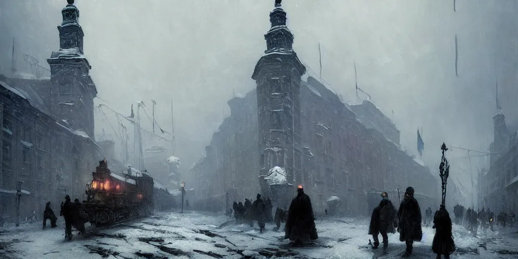 Image similar to snowpiercer travels through the icy city of warsaw, poland. frostpunk by greg rutkowski, gustave courbet, rosa bonheur, edward hopper. faithfully depicted architecture, realistic, sharp focus, global illumination, radiant light, detailed and intricate environment, trending on artstation