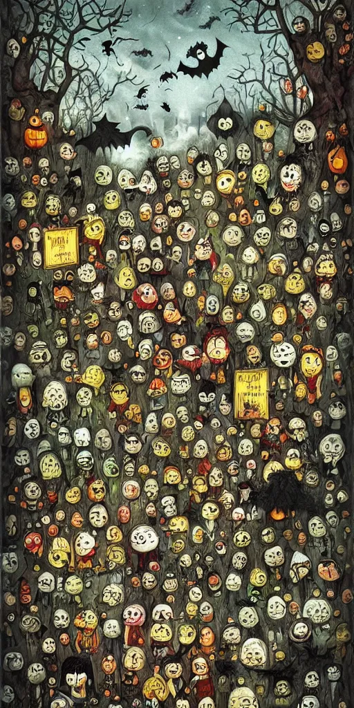 Prompt: a halloween scene by alexander jansson and where's waldo