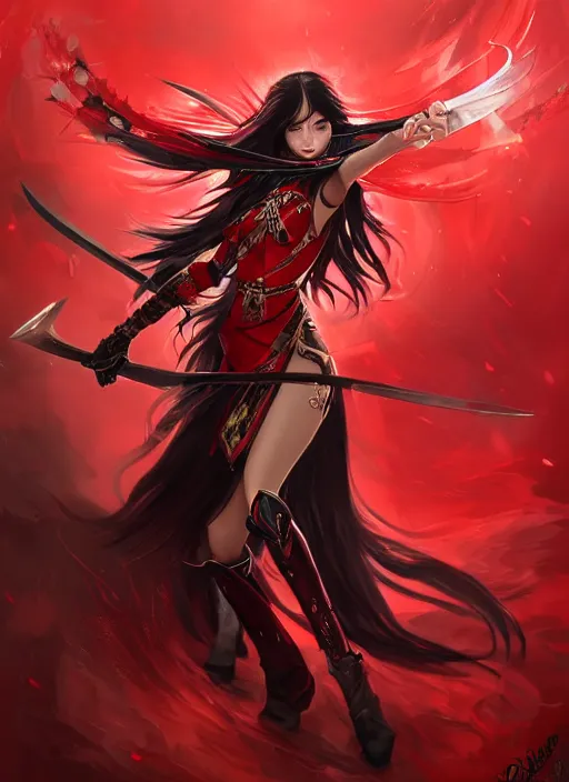 Prompt: a highly detailed illustration of elegant hime cut long black haired woman wearing red and black battle dress, heroically wielding black blade pose, with red magic surrounding her, intricate, elegant, highly detailed, centered, digital painting, artstation, concept art, smooth, sharp focus, league of legends concept art, WLOP