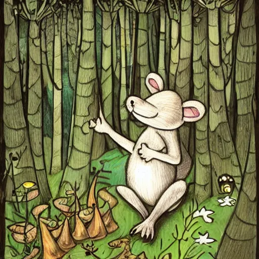 Prompt: maus in forest, by rivuletpaper, rivuletpaper art, fairy tale illustrations, very detailed,