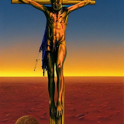 Prompt: a hyperrealistic painting of an alien being crucified in a bioluminescent desert on an alien planet by Richard Corben,