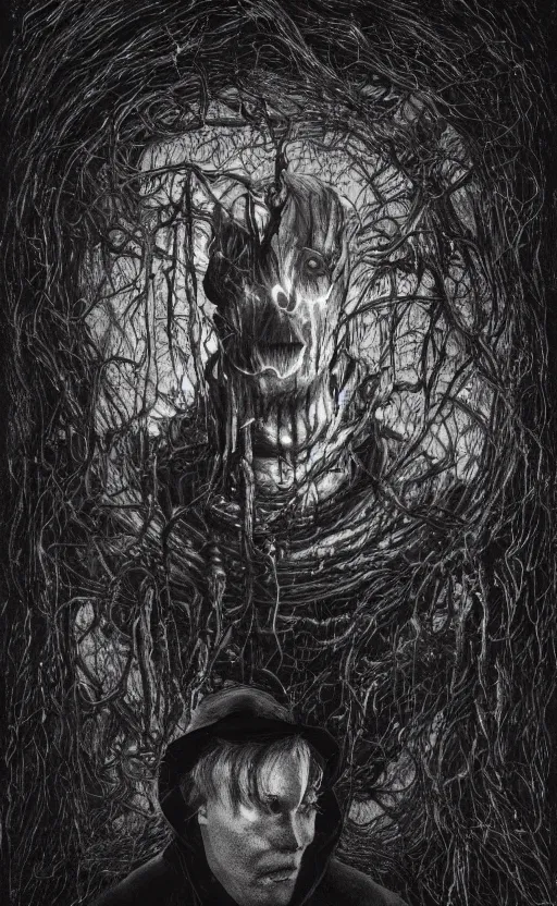 Image similar to lovecraftian portrait of jerma, surrounded by beams of light dark background by wayne barlow, stanley donwood, anton semenov, zdzislaw bekinski, hr giger, 8 k, fantasy, dark, highly detailed