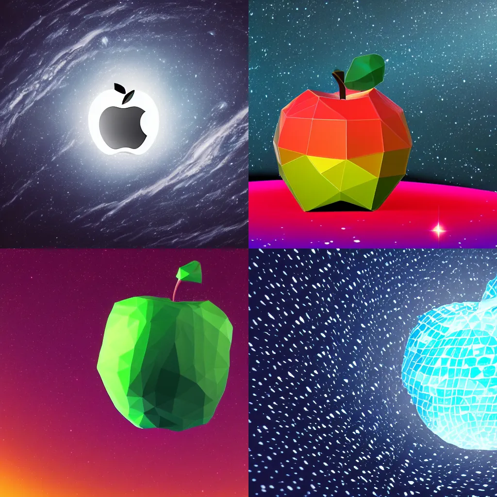 Prompt: low poly apple in space, hd, cosmic background