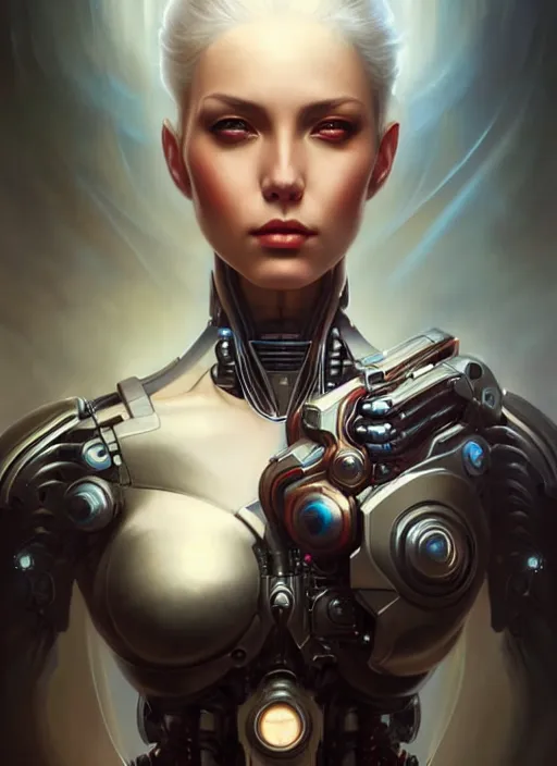 Image similar to a beautiful woman with cybernetic muscles, painted by artgerm and tom bagshaw, fantasy art, dramatic lighting, highly detailed oil painting