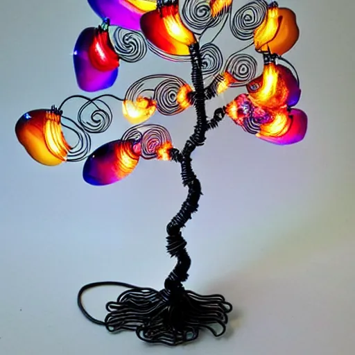 Image similar to intricate wire tree windswept and wing shaped with agate accents, delicate, magnificent design, masterpiece, colorful, surreal, elaborate, dramatic lighting