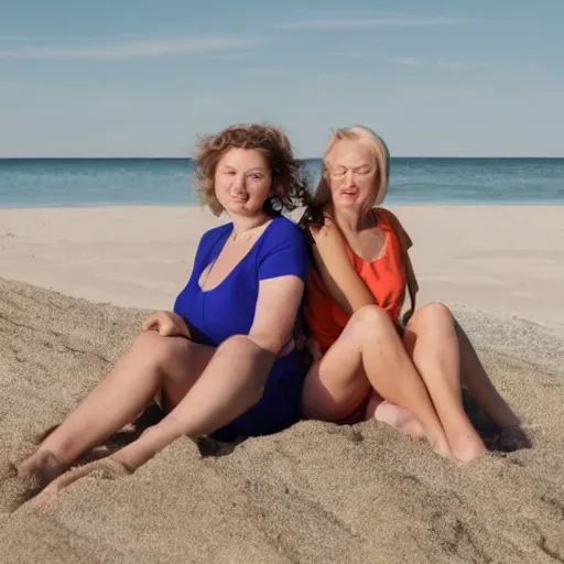 Prompt: portrait decontracted women sitting on beach sand