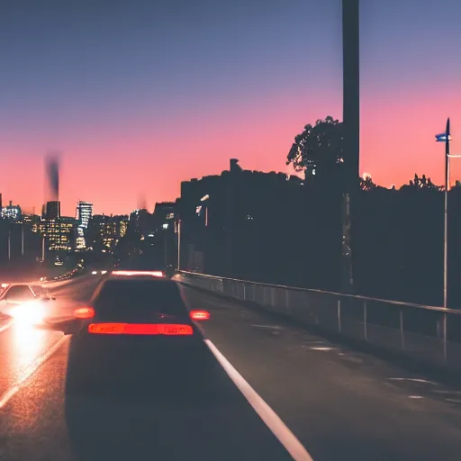 Prompt: photography of car driving down dark road during sunset jdm light posts city in the background