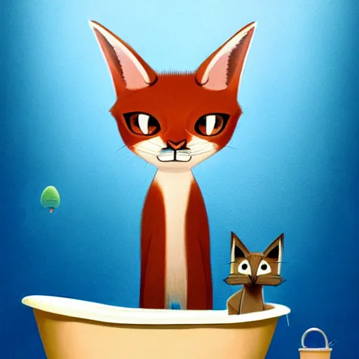 Image similar to Goro Fujita illustrating photo of a cute caracal in a bathtub