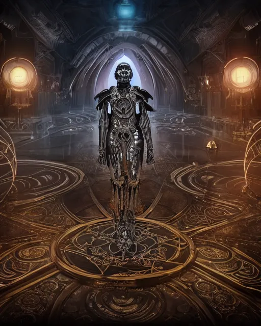 Prompt: a dark sci fi matte painting portrait of a a metallic skeleton priest surrounded by huge metal mandalas and ornate metal, art deco shapes, cinematic lighting, rim light smooth, dark sci fi, unreal engine, octane render, by blizzard studios, golden rule, subject in center of frame, fog volumes, vivid color glow, cgsociety