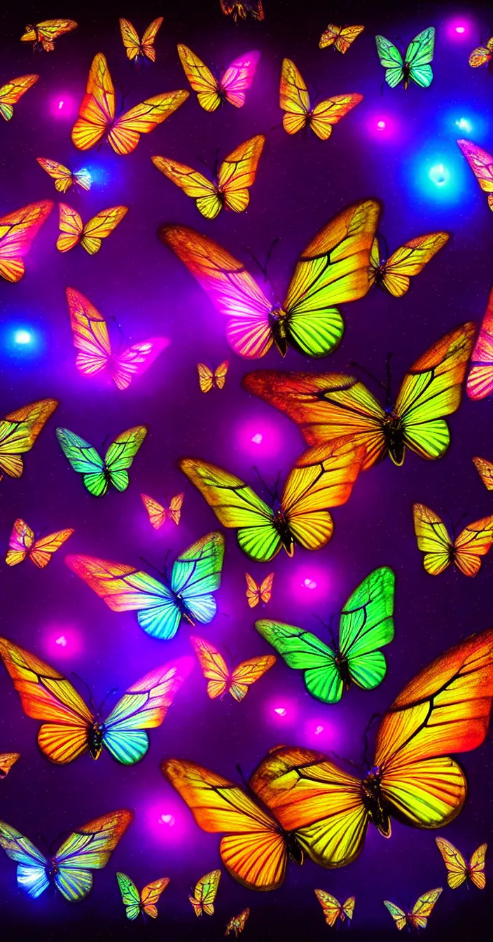 Prompt: realistic photo of too many psychedelic small beautiful colorful glowing butterfly flying, wide angle shot, dark smooth background, very sharp focus, in the style of greg rutswoski, very hyper realistic, highly detailed, fantasy art station