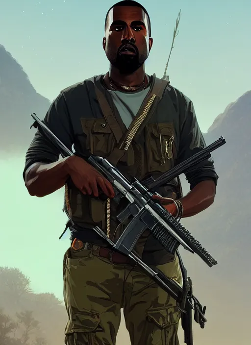 Image similar to highly detailed portrait kanye holding rifle in gta v stephen bliss unreal engine fantasy art by greg rutkowski loish rhads ferdinand knab makoto shinkai lois van baarle ilya kuvshinov rossdraws tom bagshaw global illumination radiant light detailed intricate environment