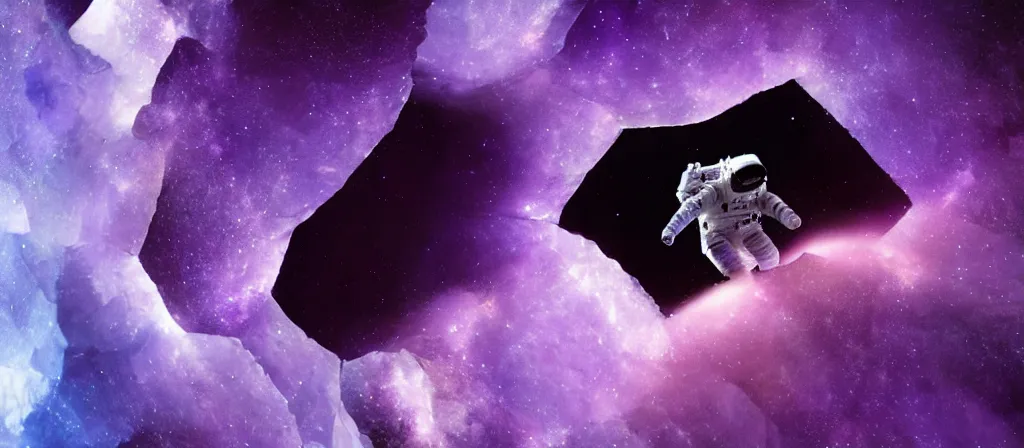 Image similar to extreme close up, astronaut on purple [ [ [ crystal ] ] ] caves, amethyst, beautiful dynamic lighting, nebula sky, cinematic, wide angle establishing shot, extremely high detail, photo realistic, cinematic lighting, matte painting, interstellar, greg rutkowski, roger deakins