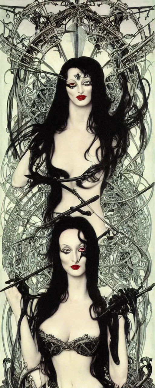 Image similar to striking sensual gorgeous thrash metal art nouveau portrait of morticia addams as a grindcore death metal rebel soldier by chris achilleos, giger, simon bisley and alphonse mucha, photorealism, extremely hyperdetailed, perfect symmetrical facial features, perfect anatomy, ornate declotage, excited expression, wild eyes