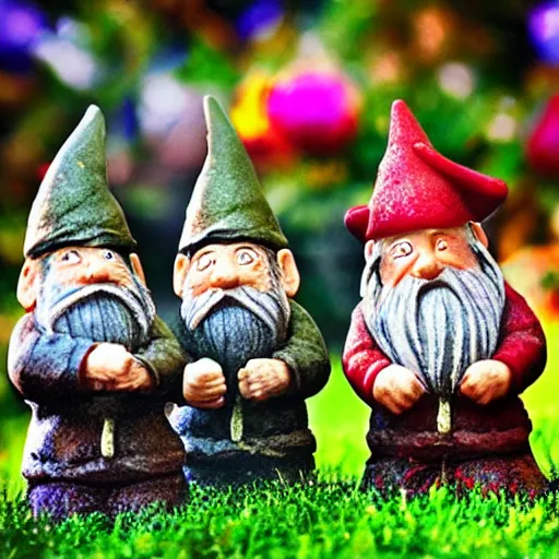 Prompt: garden gnomes bilbo's birthday party, gandalf, fireworks, frodo, pippin, merry, cute, tilt shift, award winning, highly textured