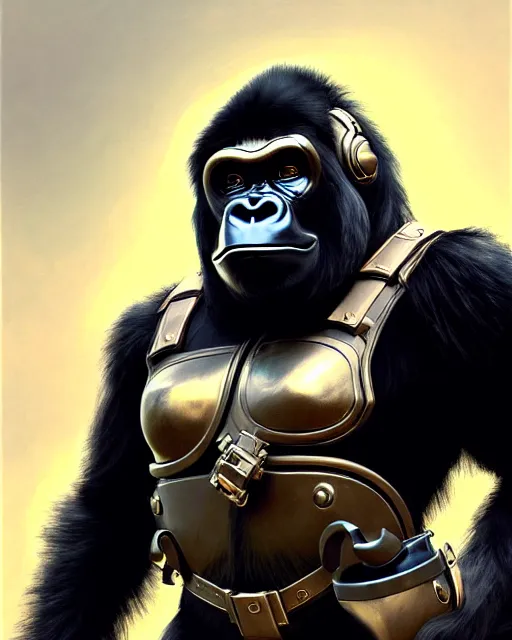 Image similar to winston the gorilla with a armor helmet on from overwatch, character portrait, portrait, close up, concept art, intricate details, highly detailed by greg rutkowski, michael whelan and gustave dore