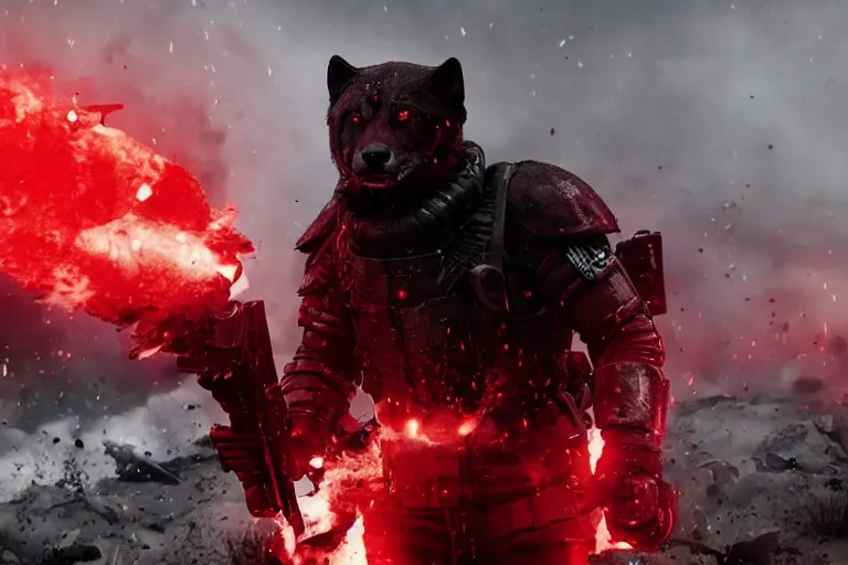 Image similar to reds eyes, all black armor, helghast soldier, kerberos panzer cop hybrid, in a still of illang the wolf brigade ( 2 0 1 8 ) film, vfx, post processed