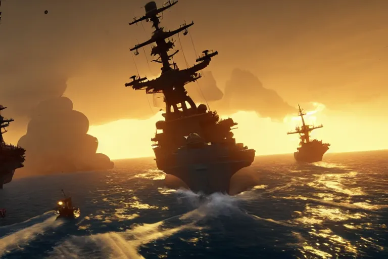 Image similar to Gameplay screenshot of an aircraft carrier!!! in Sea of Thieves!!! with jets bombing!!! a galleon, Unreal Engine