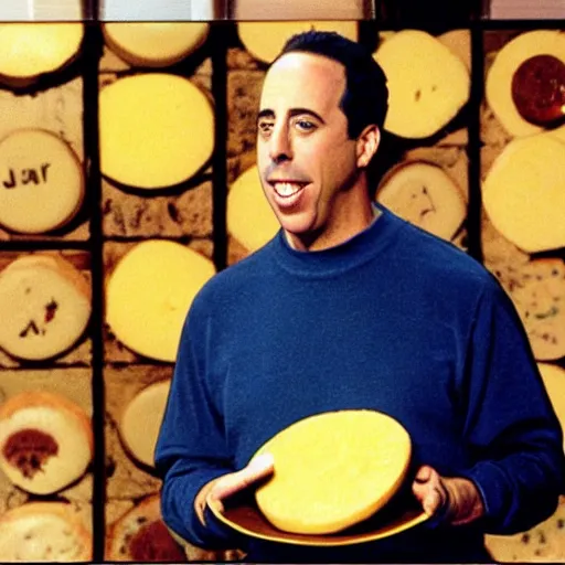 Image similar to jerry seinfeld eating a large wheel of cheese, realistic, color film,