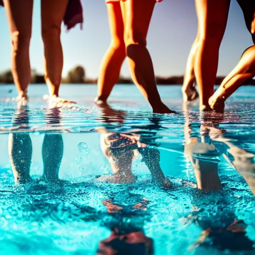 Image similar to people walking with weights in their hand on the bottom of a pool, underwater