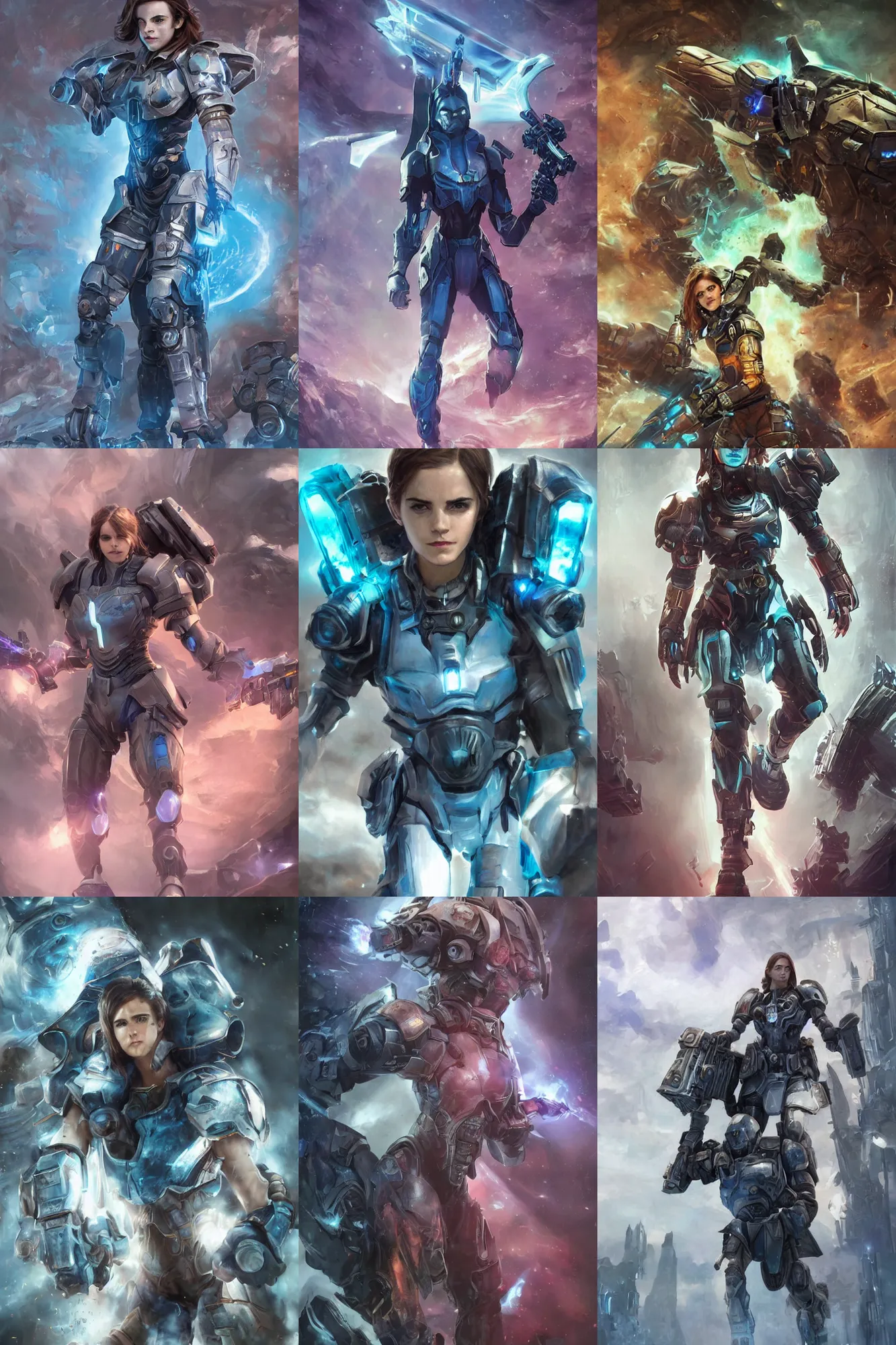 Prompt: emma watson in starcraft ii, hero pose, sci - fi, futuristic armor with blue neon lights, space marine, dramatic lighting, highly detailed, digital painting, 3 d render, hyper realistic detailed portrait, greg rutkowski, wlop, ruan jia, peter mohrbacher