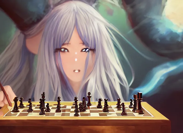 Image similar to rimuru playing chess, with gold eyes, straight hair, sky blue hair, long bangs, high collar, concept art, award winning photography, digital painting, cinematic, by wlop, anime key visual, wlop, 8 k, by ross tran, tom bagshaw, andy warhol