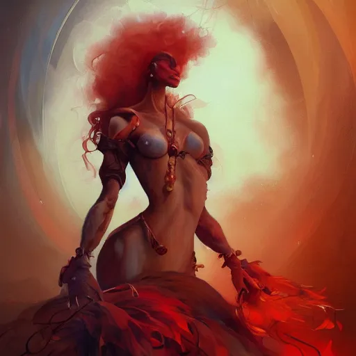 Prompt: a painting of a woman who made of curly silk with red edges is holding a sword, a digital painting by peter mohrbacher, trending on artstation, metaphysical painting, speedpainting, made of feathers, digital painting, holographic undertones, highly saturated colors, 4 k, digital art, concept art, trending on artstation