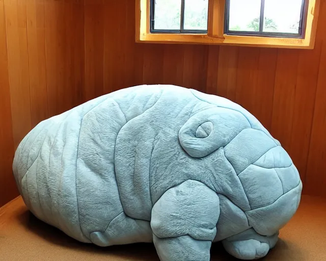 Prompt: bed in the shape of a tardigrade. sleeping on a giant tardigrade plush doll. quilted plush, soft, downy, comfortable. multiple limbs, panarthropoda, water bear!