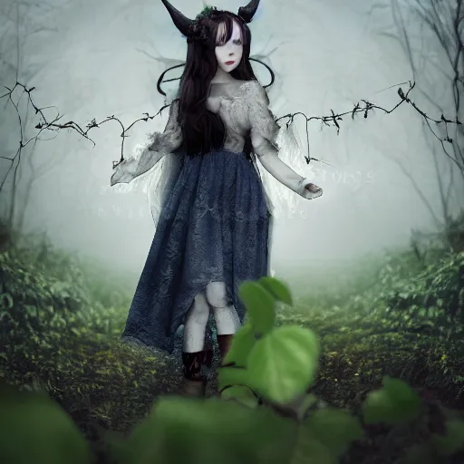 Image similar to cute fumo plush girl among vines in the middle of a foggy dark cursed rose garden under a blue sky, beautiful glowing ethereal gothic magical wraith fairy girl with dark eyes, horns, sheep girl, anime, tattered dress, bokeh, vray