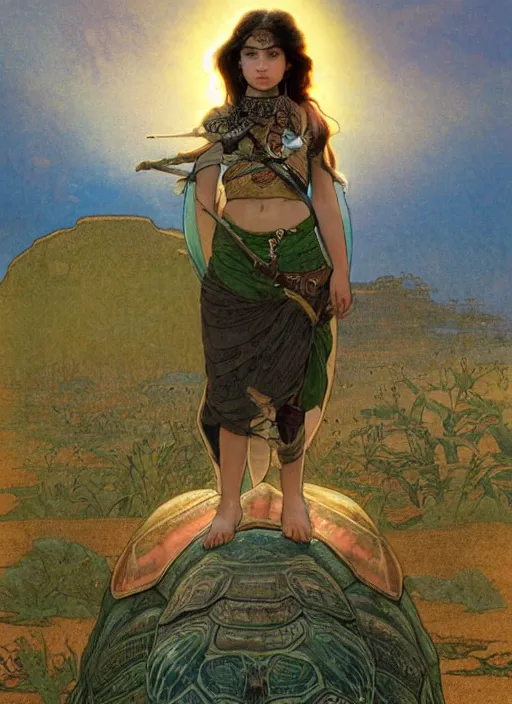 Prompt: a little warrior girl standing on top of one giant turtle walking in the desert. the girl has dark skin and beautiful green eyes, realistic full body and a very beautiful detailed symmetrical face with long black hair. diffuse light, dramatic sky and landscape, long shot fantasy illustration by mucha