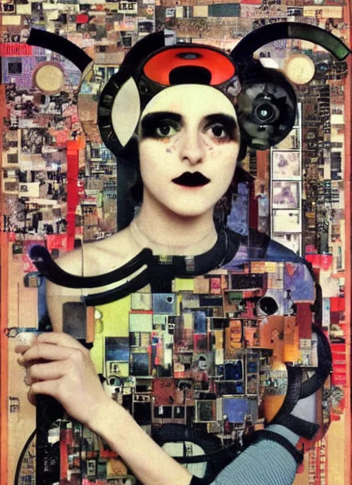 Image similar to cute punk goth fashion fractal mecha blonde girl wearing a television tube helmet and kimono made of circuits and leds, surreal Dada collage by Mimmo Rotella Man Ray Kurt Schwitters Hannah Höch Alphonse Mucha Beeple